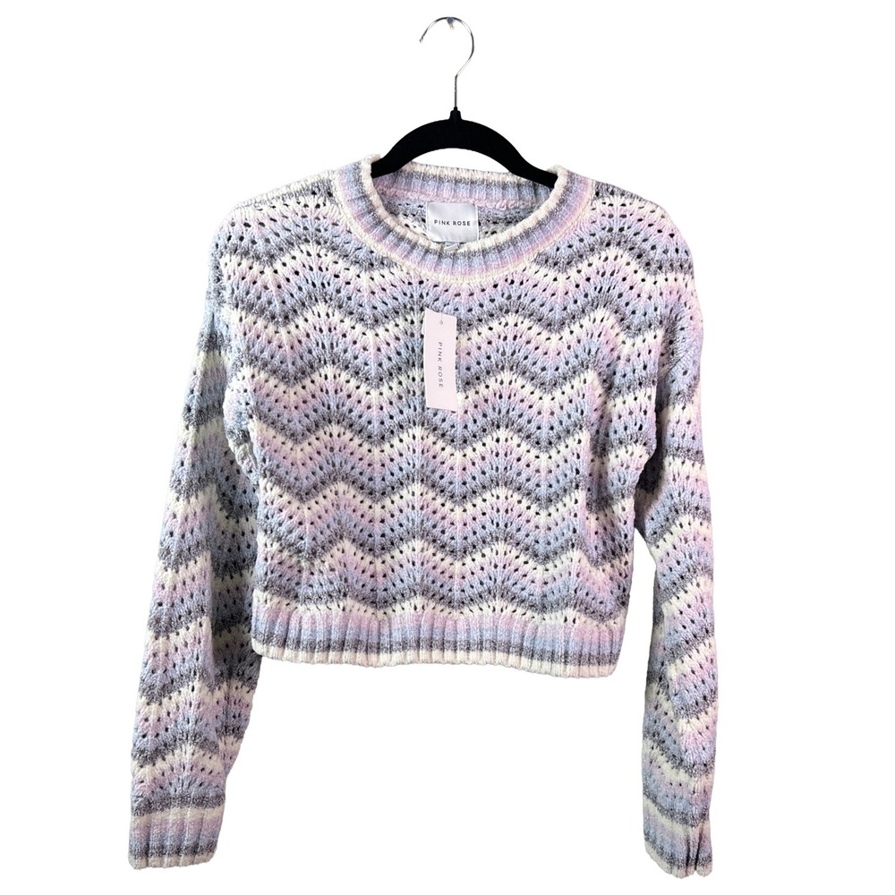 Pink Rose Pastel Chevron Pointelle Knit Cropped Sweater XS NWT